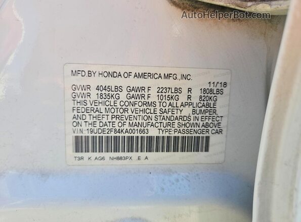 19UDE2F84KA001663 2019 ACURA ILX White Շարժիչի բաժամունքի տեսք