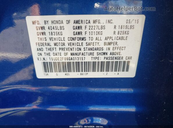 19UDE2F86GA013157 2016 ACURA ILX Blue Вид задніх сидінь