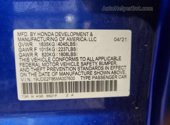 19UDE2F86MA007600 2021 ACURA ILX Blue Widok naklejki z numerem VIN
