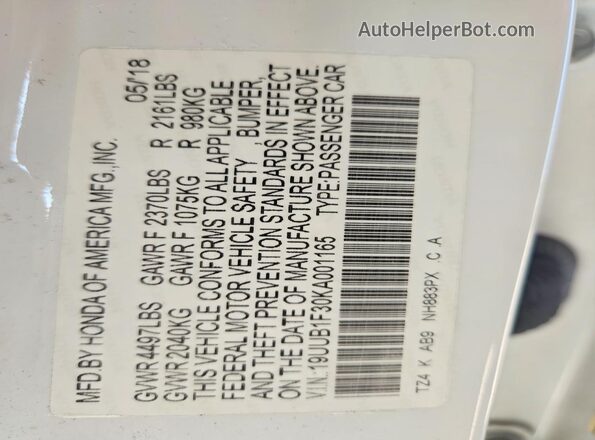19UUB1F30KA001165 2019 ACURA TLX White ძრავის განყოფილების ხედი