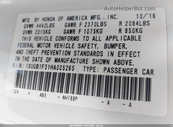19UUB1F31HA005265 2017 ACURA TLX White Вид підкапотного простору