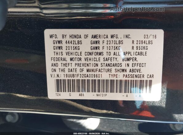 19UUB1F32GA009601 2016 ACURA TLX Black ძრავის განყოფილების ხედი