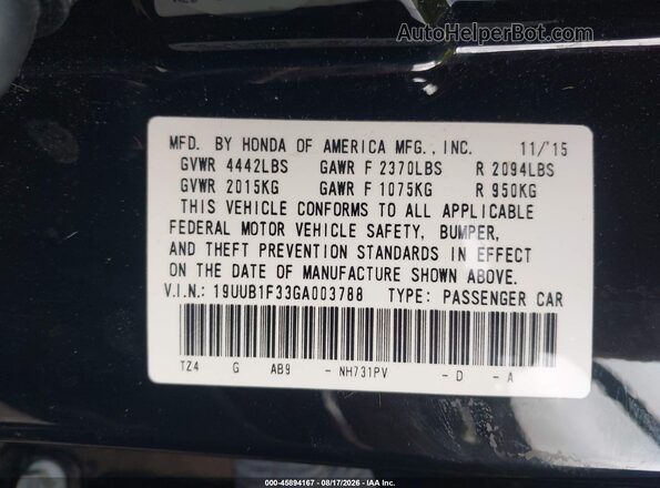 19UUB1F33GA003788 2016 ACURA TLX Black Vista del compartimento del motor