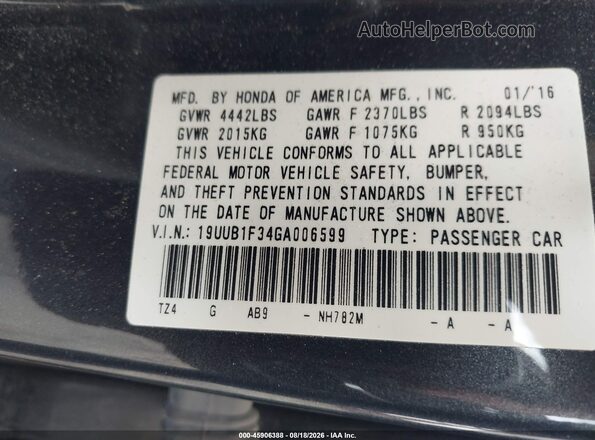 19UUB1F34GA006599 2016 ACURA TLX Серый Вид подкапотного пространства