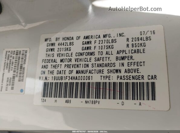 19UUB1F34HA000061 2017 ACURA TLX White Widok komory silnika