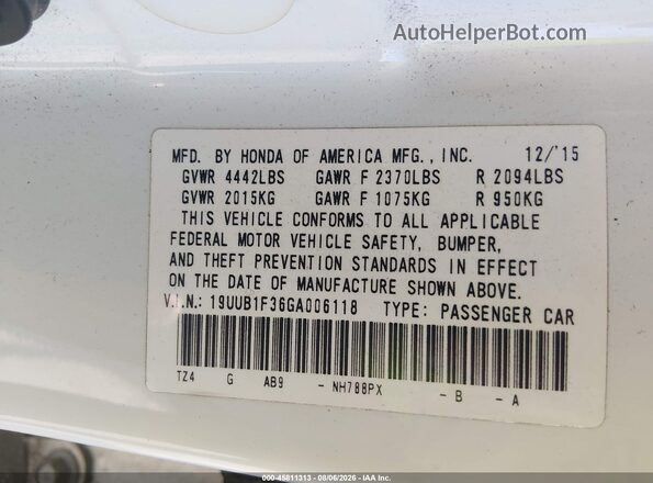 19UUB1F36GA006118 2016 ACURA TLX White ძრავის განყოფილების ხედი
