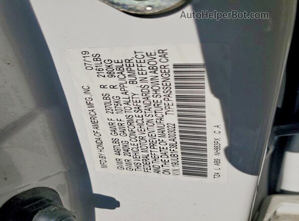 19UUB1F38LA003022 2020 ACURA TLX White Widok naklejki z numerem VIN