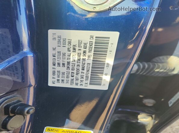 19UUB1F51HA002108 2017 ACURA TLX Blue Vista de la etiqueta del VIN