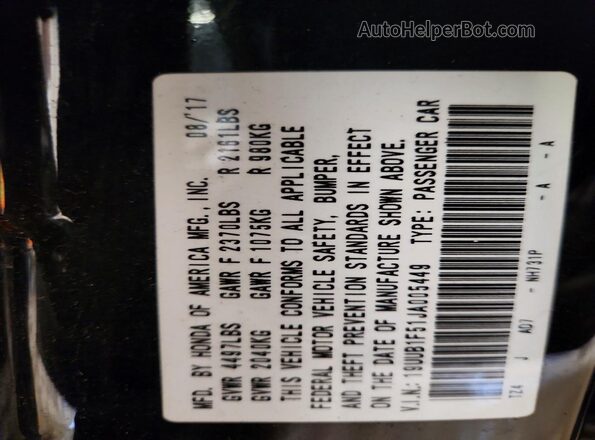 19UUB1F51JA005449 2018 ACURA TLX Black Widok naklejki z numerem VIN
