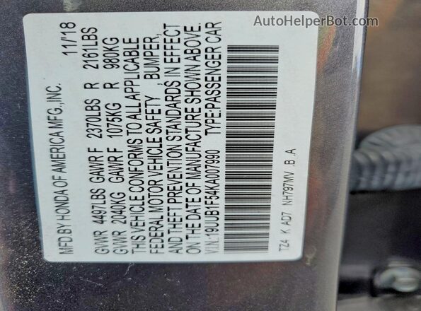 19UUB1F54KA007990 2019 ACURA TLX Серый Вид подкапотного пространства