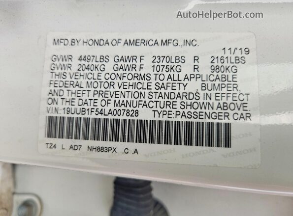 19UUB1F54LA007828 2020 ACURA TLX Белый Вид подкапотного пространства