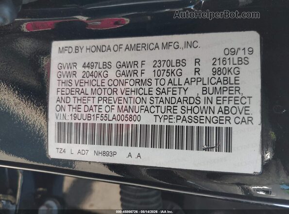 19UUB1F55LA005800 2020 ACURA TLX Black Vista del compartimento del motor