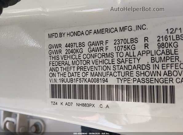 19UUB1F57KA008194 2019 ACURA TLX White Widok komory silnika