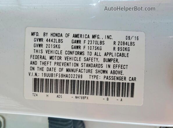19UUB1F59HA002289 2017 ACURA TLX White Вид наклейки з VIN-кодом