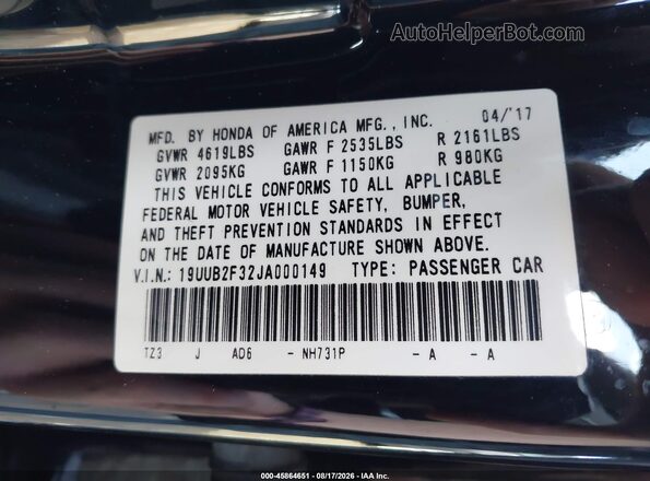 19UUB2F32JA000149 2018 ACURA TLX Black Вид підкапотного простору
