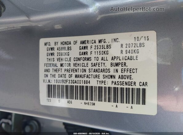 19UUB2F33GA001884 2016 ACURA TLX Silver Vista del compartimento del motor