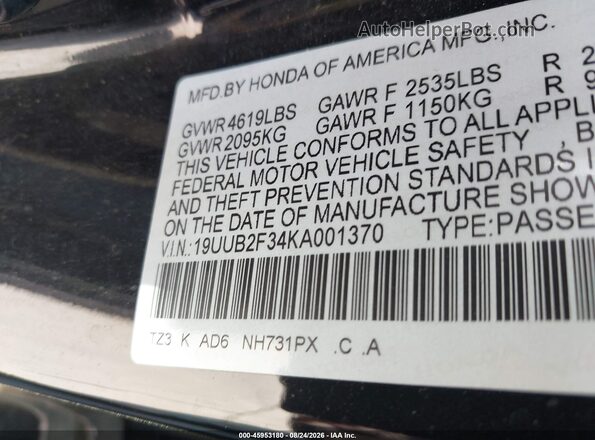 19UUB2F34KA001370 2019 ACURA TLX Black ძრავის განყოფილების ხედი