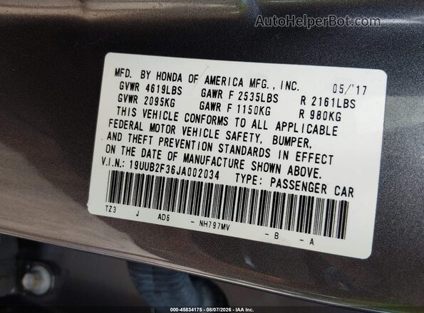 19UUB2F36JA002034 2018 ACURA TLX Gray Engine compartment view