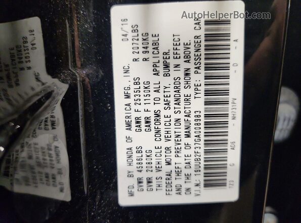 19UUB2F37GA008983 2016 ACURA TLX Black Engine compartment view