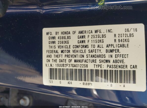 19UUB2F37GA012256 2016 ACURA TLX Blue ძრავის განყოფილების ხედი