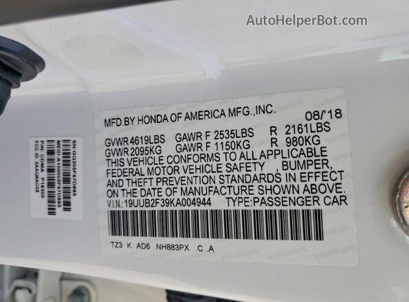 19UUB2F39KA004944 2019 ACURA TLX White Вид підкапотного простору