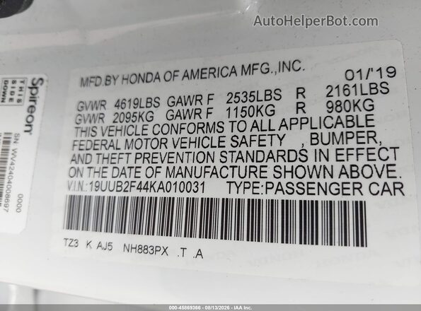 19UUB2F44KA010031 2019 ACURA TLX White ძრავის განყოფილების ხედი