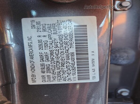 19UUB2F45LA001856 2020 ACURA TLX Gray VIN კოდის სტიკერის ხედი