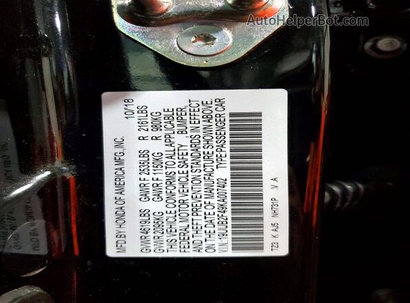 19UUB2F49KA007402 2019 ACURA TLX Black Вид наклейки з VIN-кодом