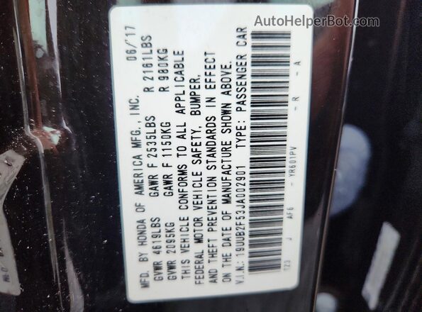 19UUB2F53JA002901 2018 ACURA TLX Black Vista de la etiqueta del VIN