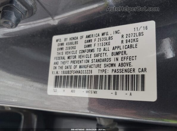 19UUB2F54HA003226 2017 ACURA TLX Gray Vista del compartimento del motor