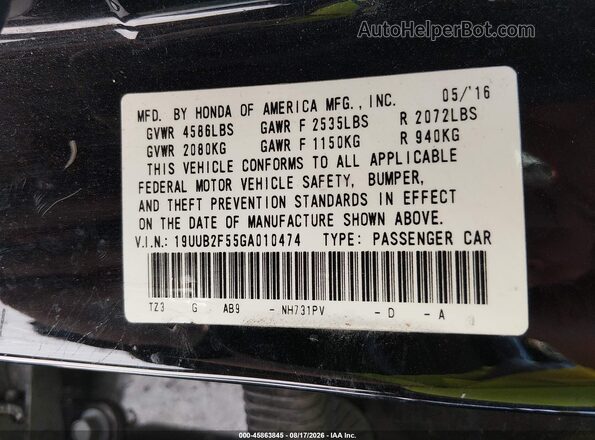 19UUB2F55GA010474 2016 ACURA TLX Черный Вид подкапотного пространства