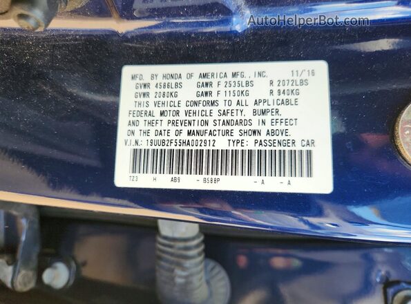 19UUB2F55HA002912 2017 ACURA TLX Blue Vista del compartimento del motor