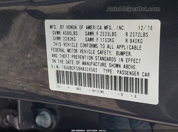 19UUB2F59HA004582 2017 ACURA TLX Gray Engine compartment view