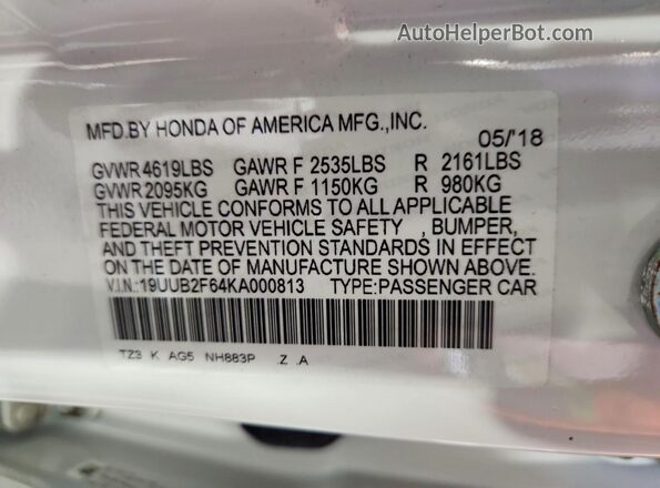 19UUB2F64KA000813 2019 ACURA TLX White ძრავის განყოფილების ხედი