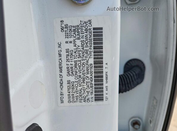 19UUB3F40KA001929 2019 ACURA TLX White Вид підкапотного простору