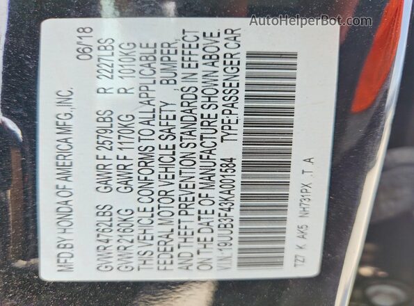 19UUB3F43KA001584 2019 ACURA TLX Black ძრავის განყოფილების ხედი
