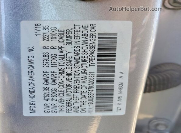 19UUB3F47KA006321 2019 ACURA TLX Silver ძრავის განყოფილების ხედი