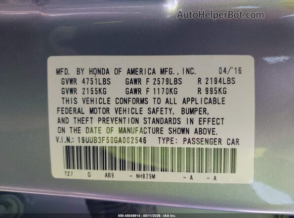19UUB3F50GA002546 2016 ACURA TLX Silver Vista del compartimento del motor