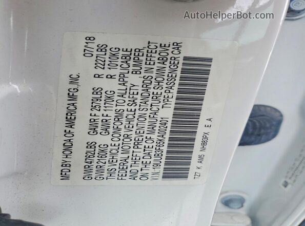 19UUB3F65KA002401 2019 ACURA TLX Белый Вид наклейки с VIN-кодом