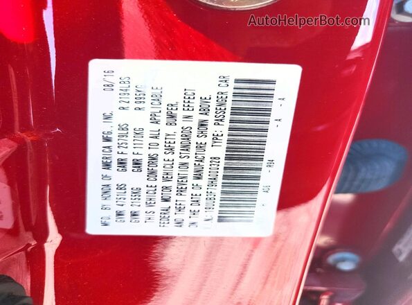 19UUB3F79HA000328 2017 ACURA TLX Red VIN կոդի պիտակի տեսք