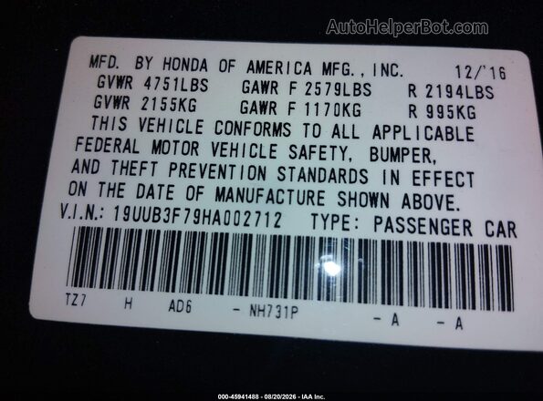 19UUB3F79HA002712 2017 ACURA TLX Black Engine compartment view