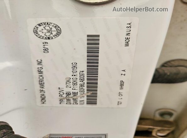 19UUB3F86LA800974 2020 ACURA TLX White Vista de la etiqueta del VIN
