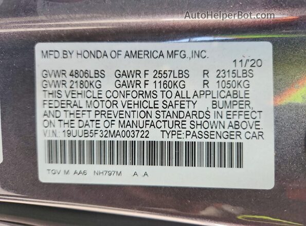 19UUB5F32MA003722 2021 ACURA TLX Gray Вид підкапотного простору
