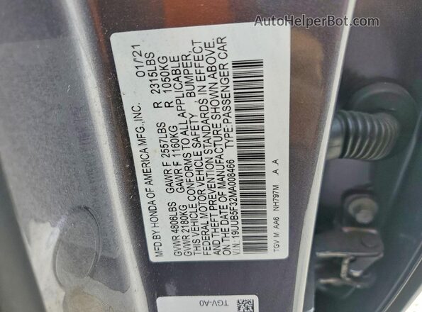 19UUB5F32MA008466 2021 ACURA TLX Gray Widok komory silnika