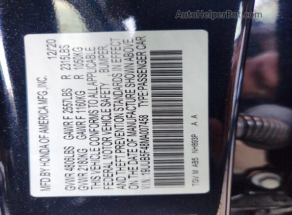 19UUB5F48MA007458 2021 ACURA TLX Черный 