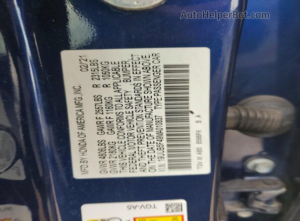 19UUB5F49MA010837 2021 ACURA TLX Blue Շարժիչի բաժամունքի տեսք