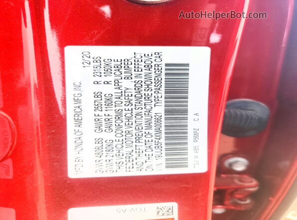 19UUB5F4XMA006621 2021 ACURA TLX Red Vista de la etiqueta del VIN