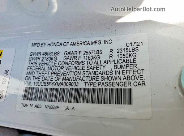 19UUB5F4XMA009003 2021 ACURA TLX White Widok naklejki z numerem VIN