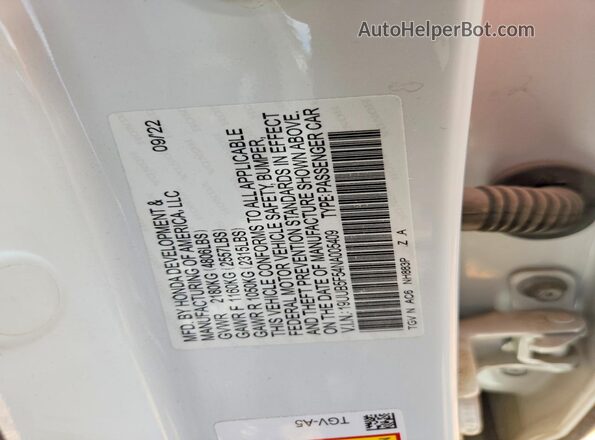 19UUB5F54NA005409 2022 ACURA TLX White VIN sticker view