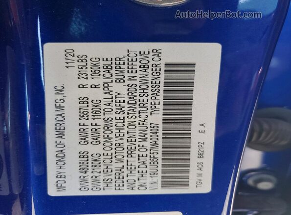 19UUB5F57MA004057 2021 ACURA TLX Blue Vista del compartimento del motor